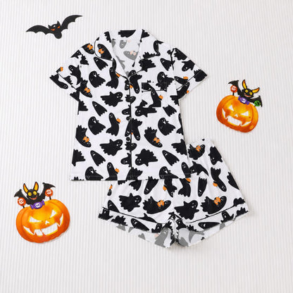 🎃👔Women's Halloween Printed Collar Short-Sleeved Shorts Pajama Set