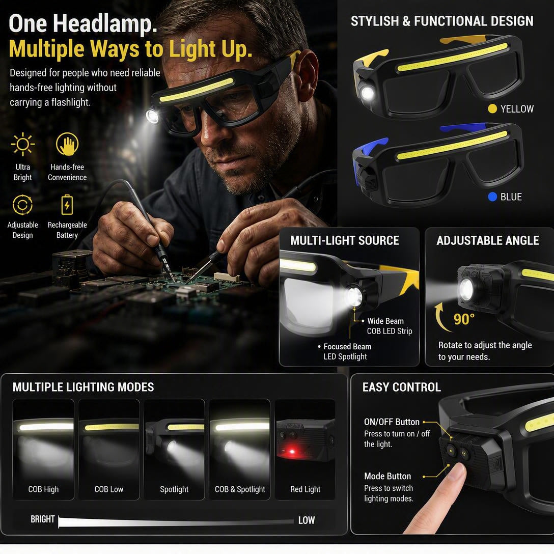 Rechargeable Lighted Safety Glasses with LED Headlamp