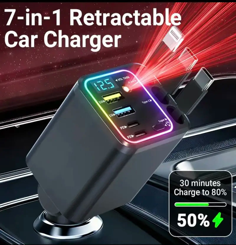 7-in-1 Retractable 120W Car Charger with Starry Sky Ambient LightAutomobiles