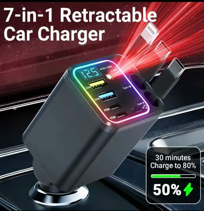 7-in-1 Retractable 120W Car Charger with Starry Sky Ambient LightAutomobiles