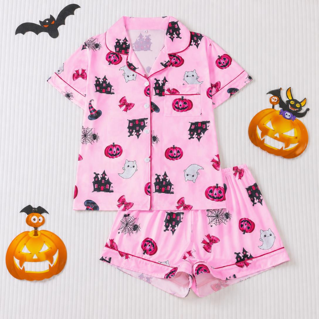 🎃👔Women's Halloween Printed Collar Short-Sleeved Shorts Pajama Set