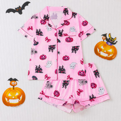 🎃👔Women's Halloween Printed Collar Short-Sleeved Shorts Pajama Set