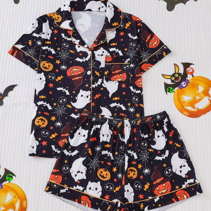 🎃👔Women's Halloween Printed Collar Short-Sleeved Shorts Pajama Set