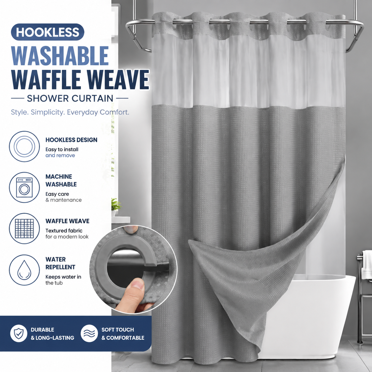 ✨Hookless Washable Waffle Weave Shower Curtain