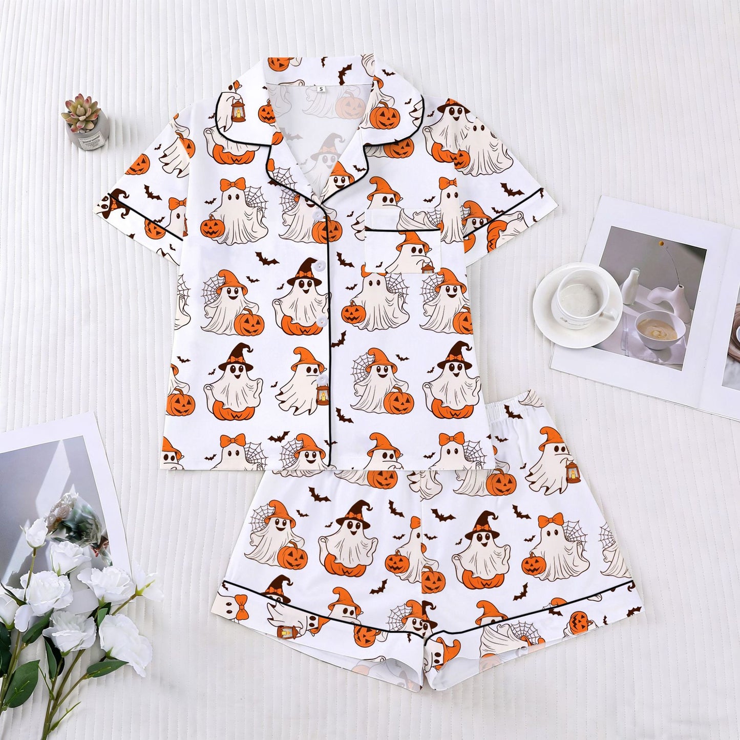 🎃👔Women's Halloween Printed Collar Short-Sleeved Shorts Pajama Set