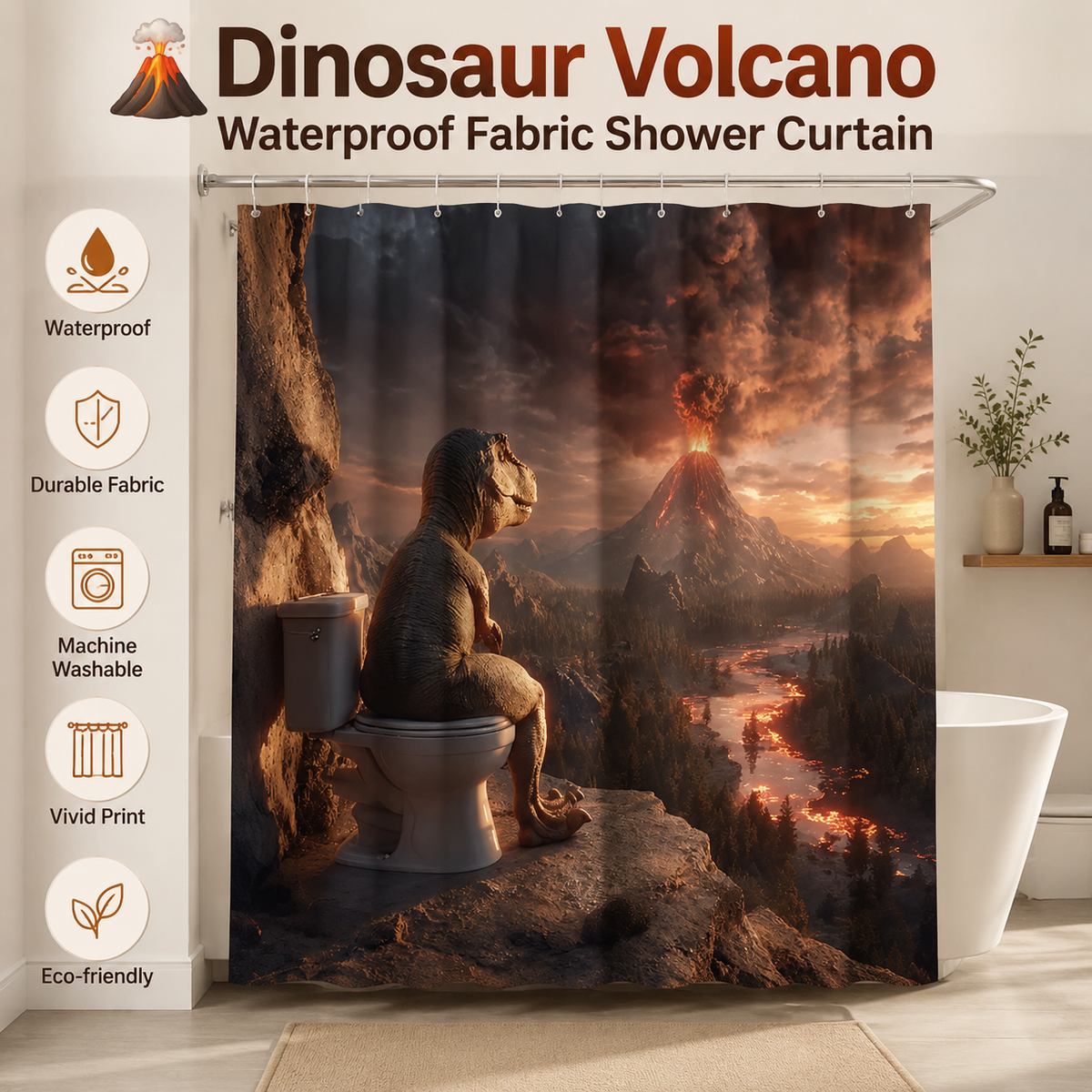 🌋Dinosaur Volcano Waterproof Fabric Shower Curtain