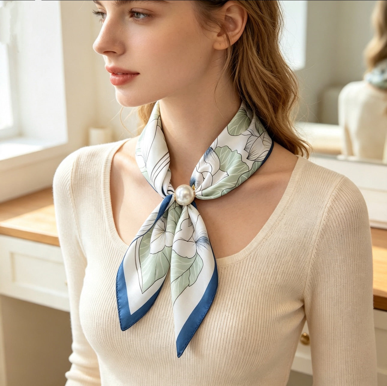 Lazy Snap-On Floral Satin Neck Scarf with Pearl Clasp