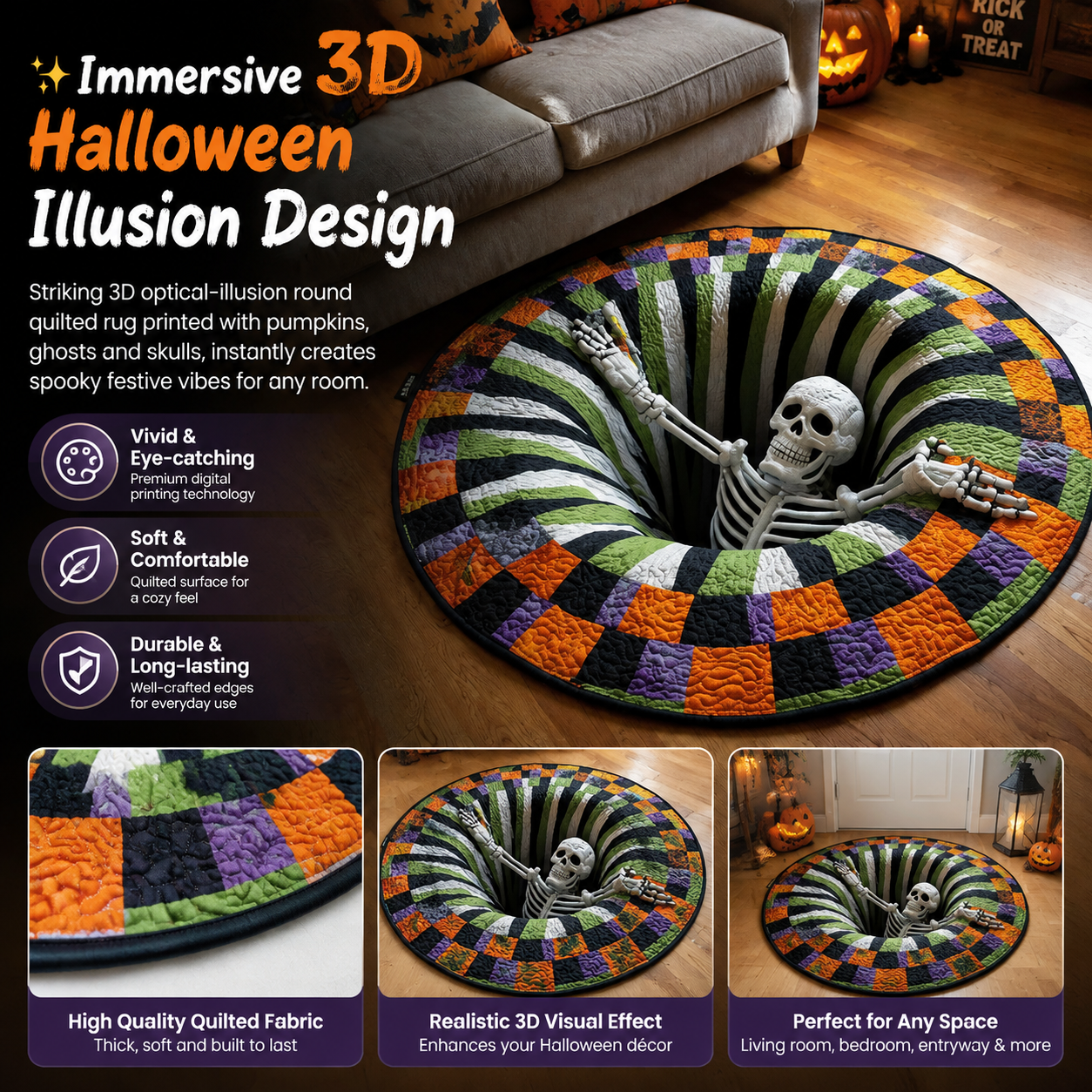 💀Halloween 3D Swirl Skull Round Rug