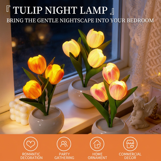 🌷LED Dimmable Plastic Tulip Artificial Flower Desk Lamp with Vase