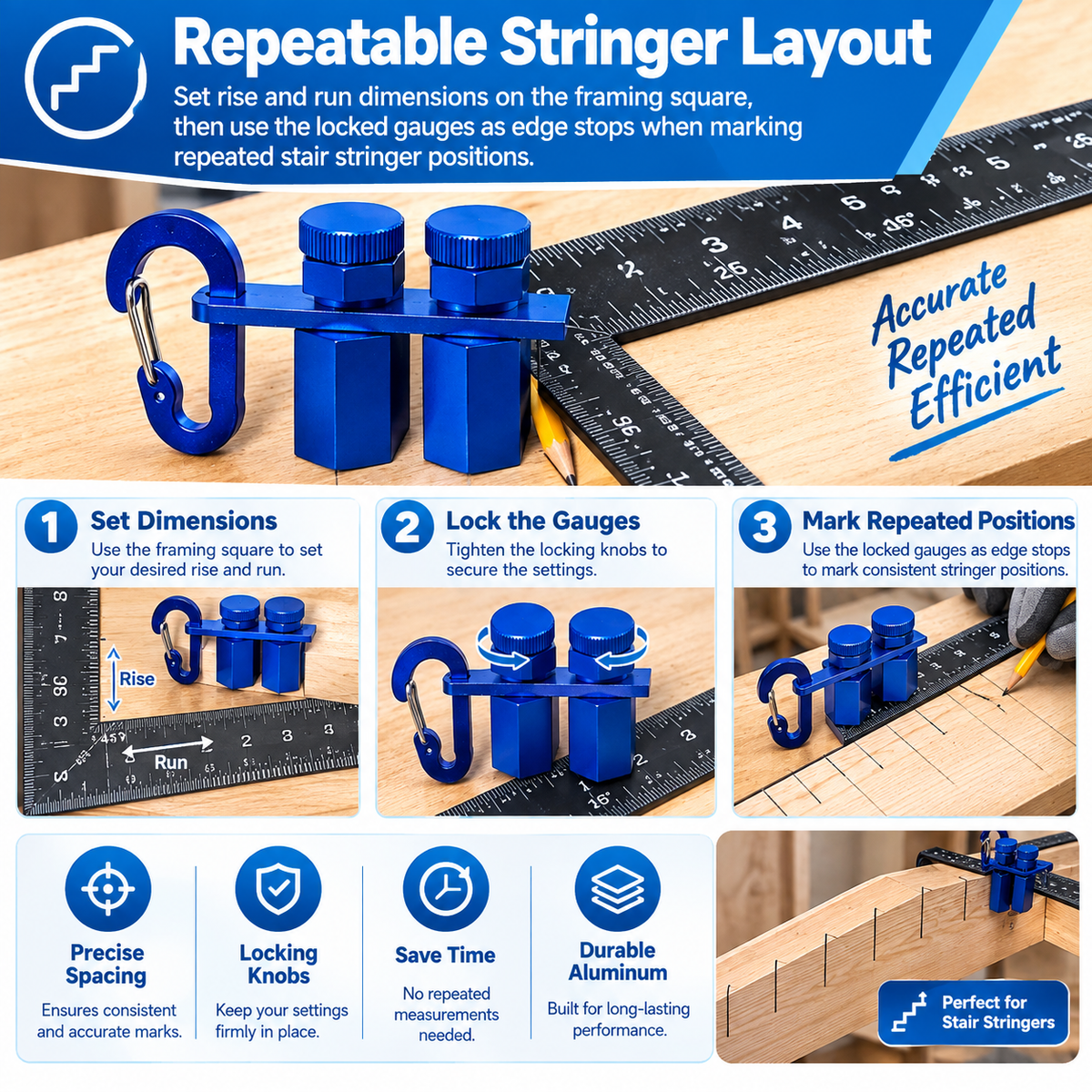 Positioning Stop Clamps for Stair Stringer, Rafter Layout & Circular Saw Guide