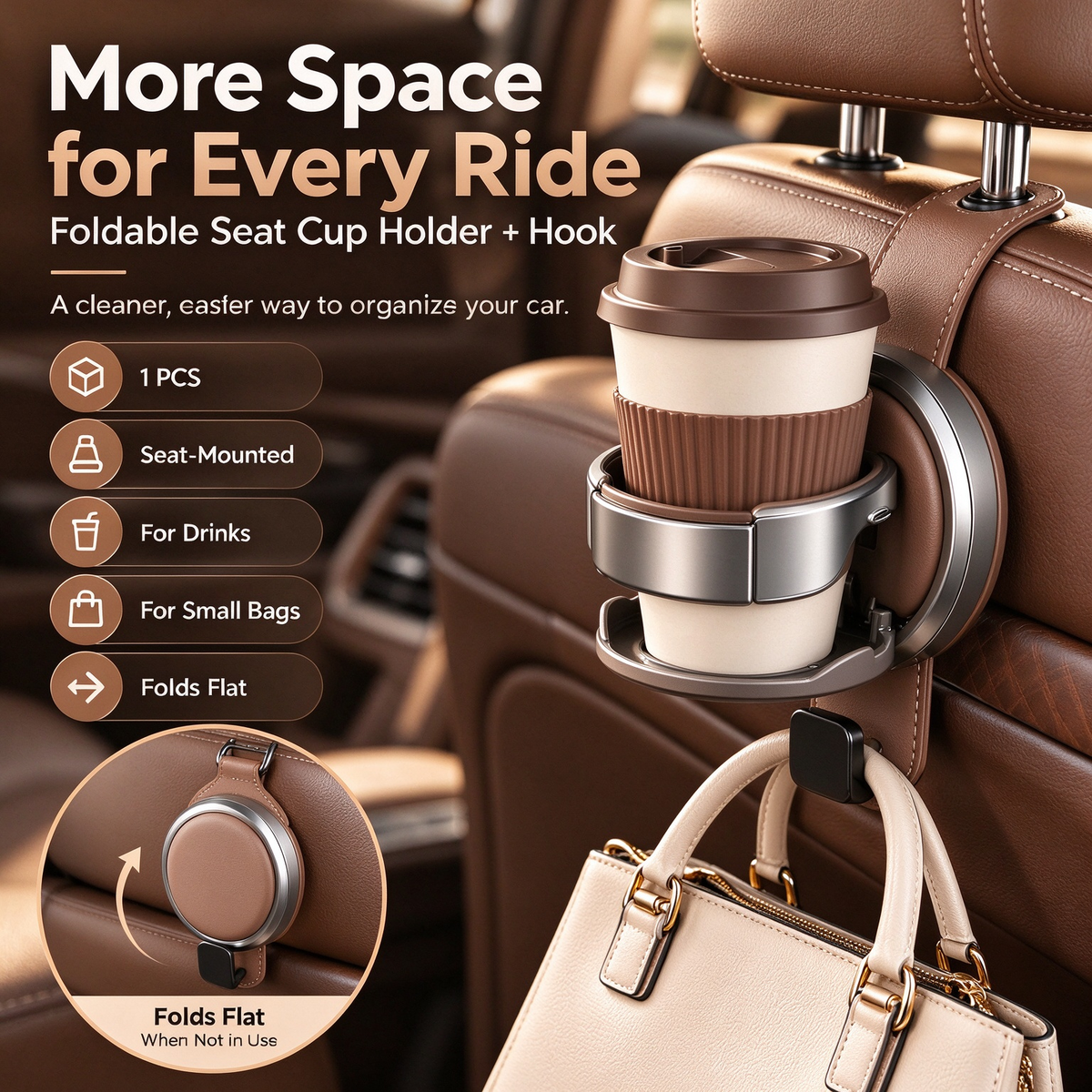 Foldable Car Seat Cup Holder with Hook