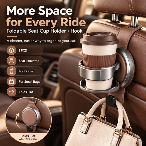 Foldable Car Seat Cup Holder with Hook