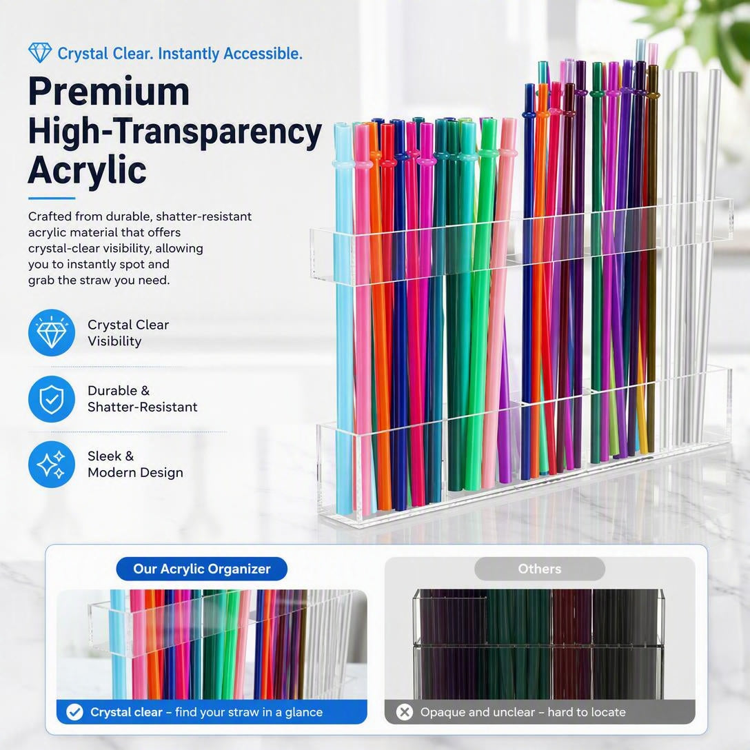 🗂️Multi-Grid Acrylic Drinking Straw Organizer