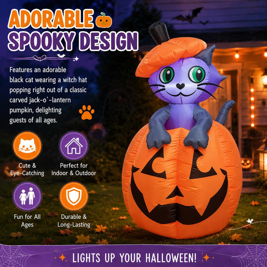 🎃Animated Halloween inflatable cat pumpkin with LED lights