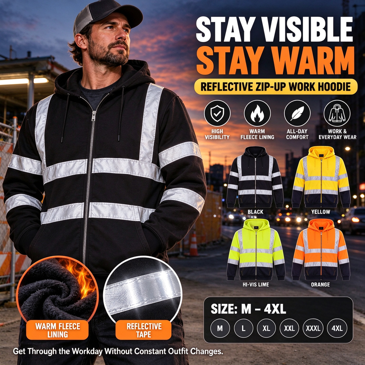 Men's Reflective Fleece-Lined Work Hoodie