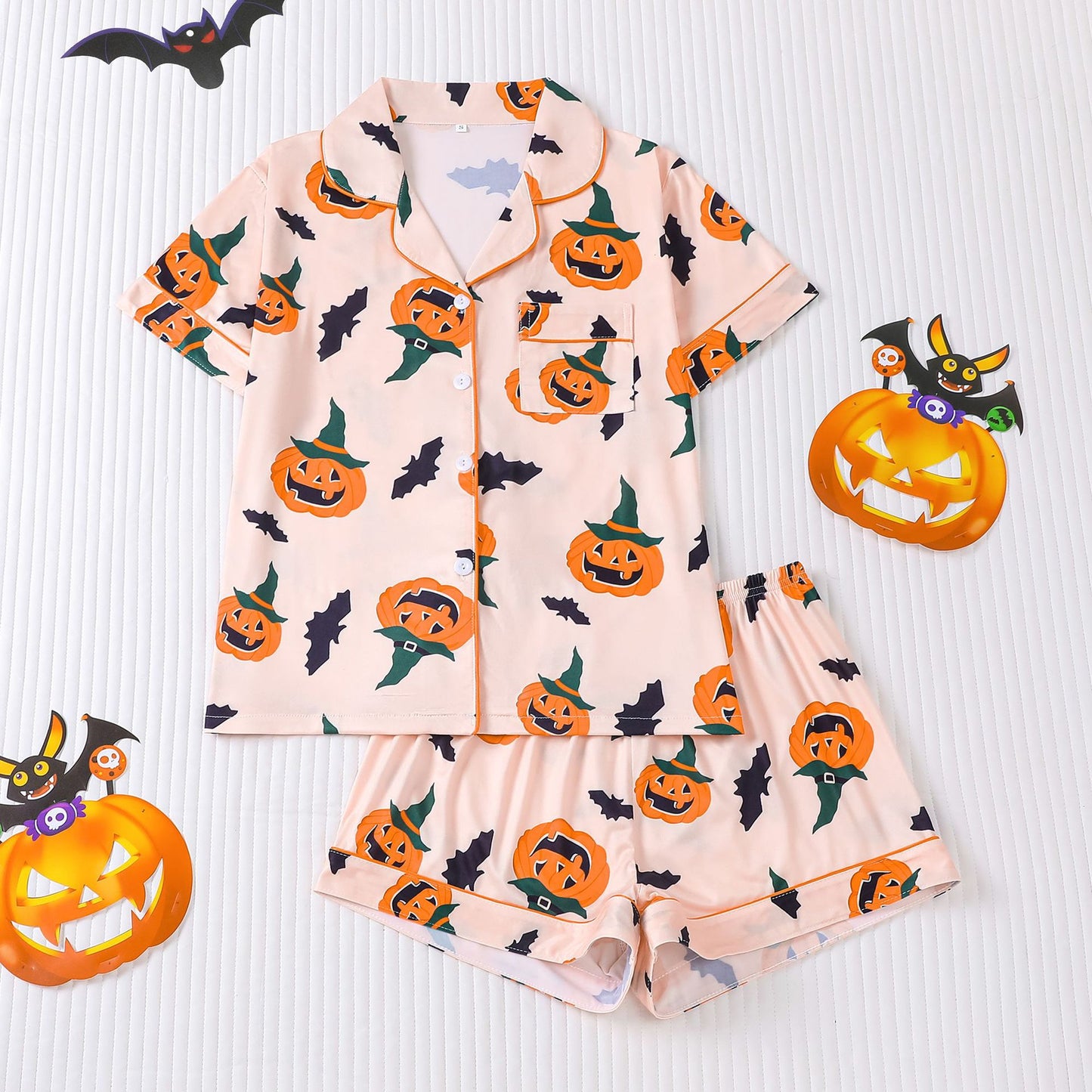 🎃👔Women's Halloween Printed Collar Short-Sleeved Shorts Pajama Set