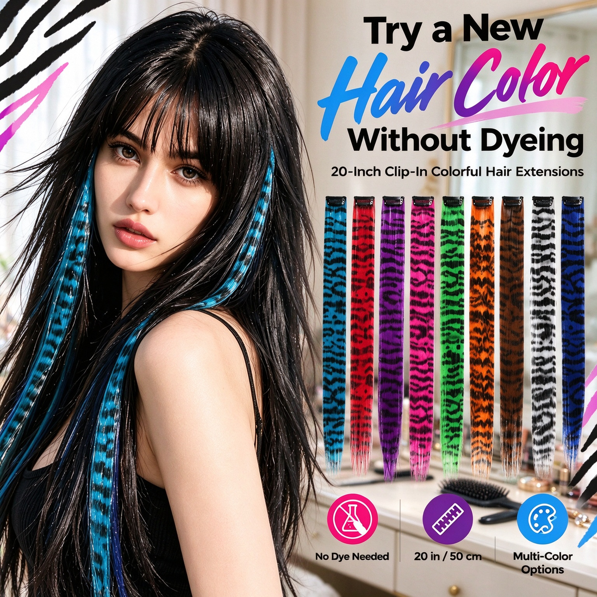 🎨Colored clip-on highlights hair extensions（2Pcs）