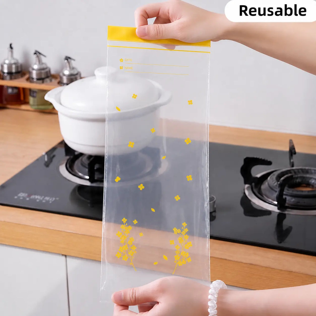Reusable clear produce storage pouch with writable label area