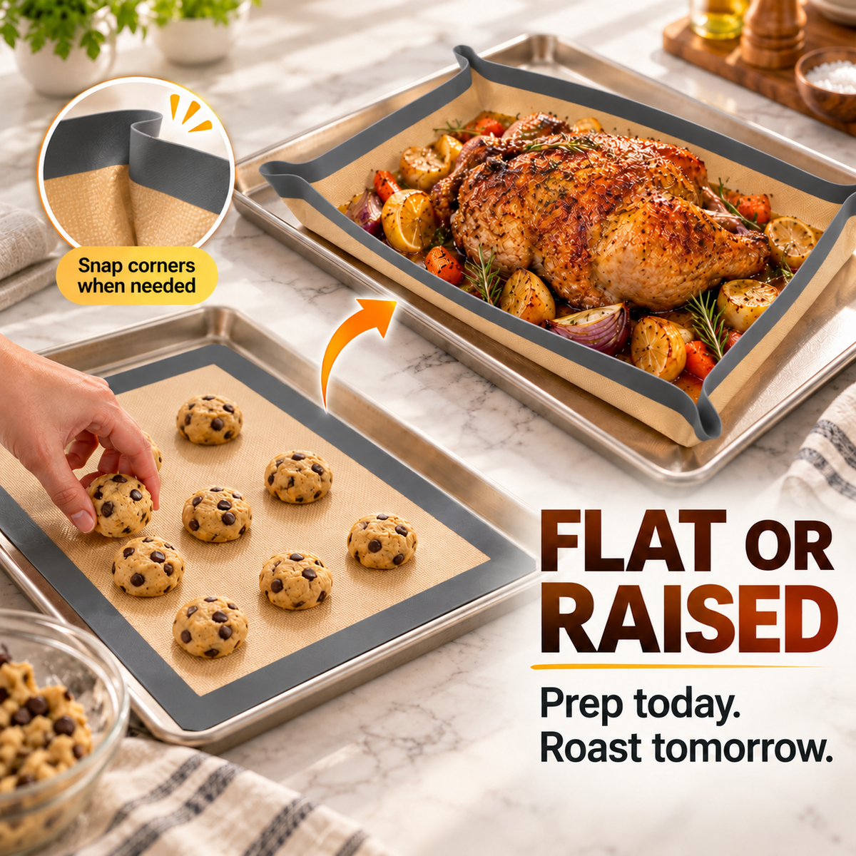 🍪 Reusable Nonstick Silicone Baking Mat – Snap-Up Edges for Mess-Free Cooking