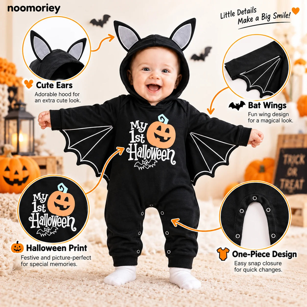 🎃 Baby's 1st Halloween Bat Romper – Super Soft Winged Hooded Onesie 🦇✨