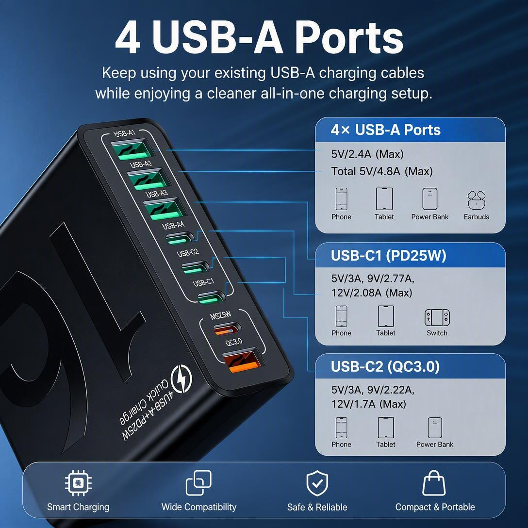 Portable Smart 8-Port Charger, Suitable For A Variety Of Devices