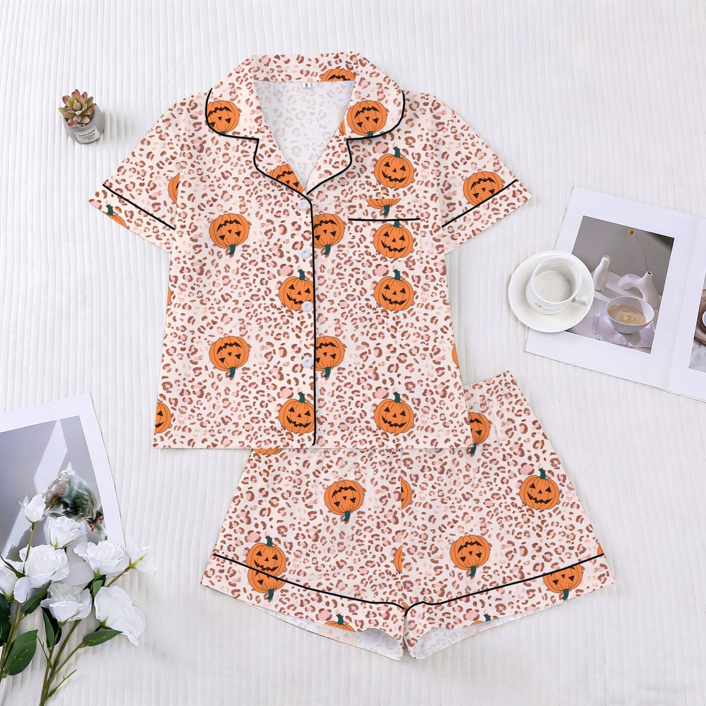 🎃👔Women's Halloween Printed Collar Short-Sleeved Shorts Pajama Set