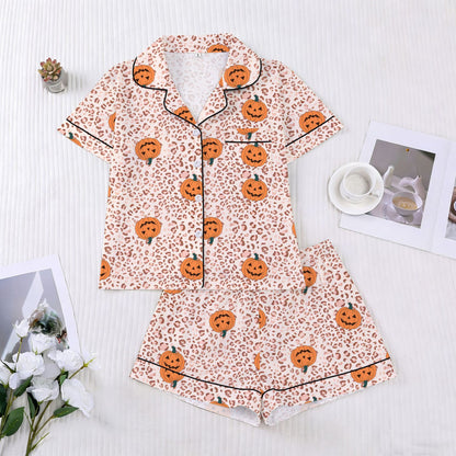 🎃👔Women's Halloween Printed Collar Short-Sleeved Shorts Pajama Set