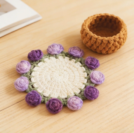 🌸Hand-knitted flower bouquet coasters