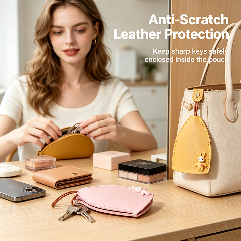 Leather key pouch helping keep sharp keys enclosed