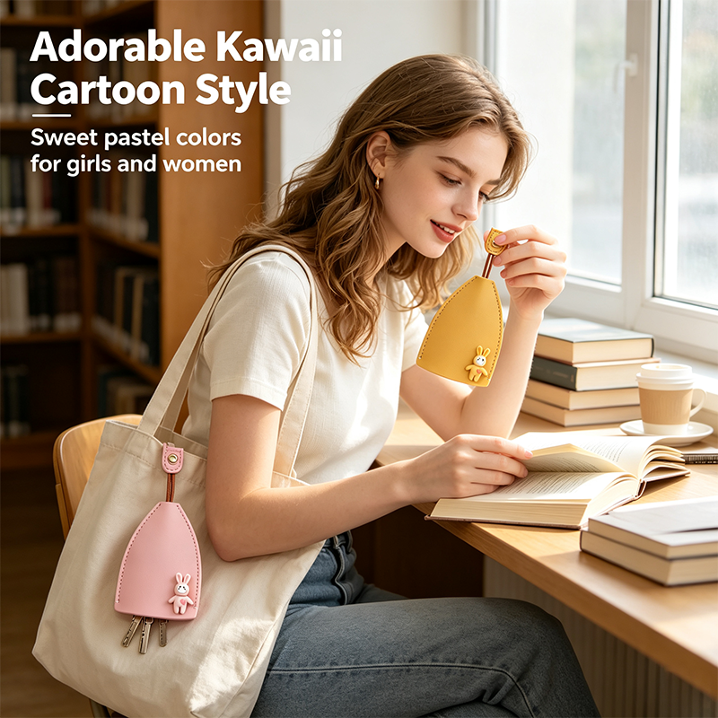 Cute key pouch hanging from a tote bag