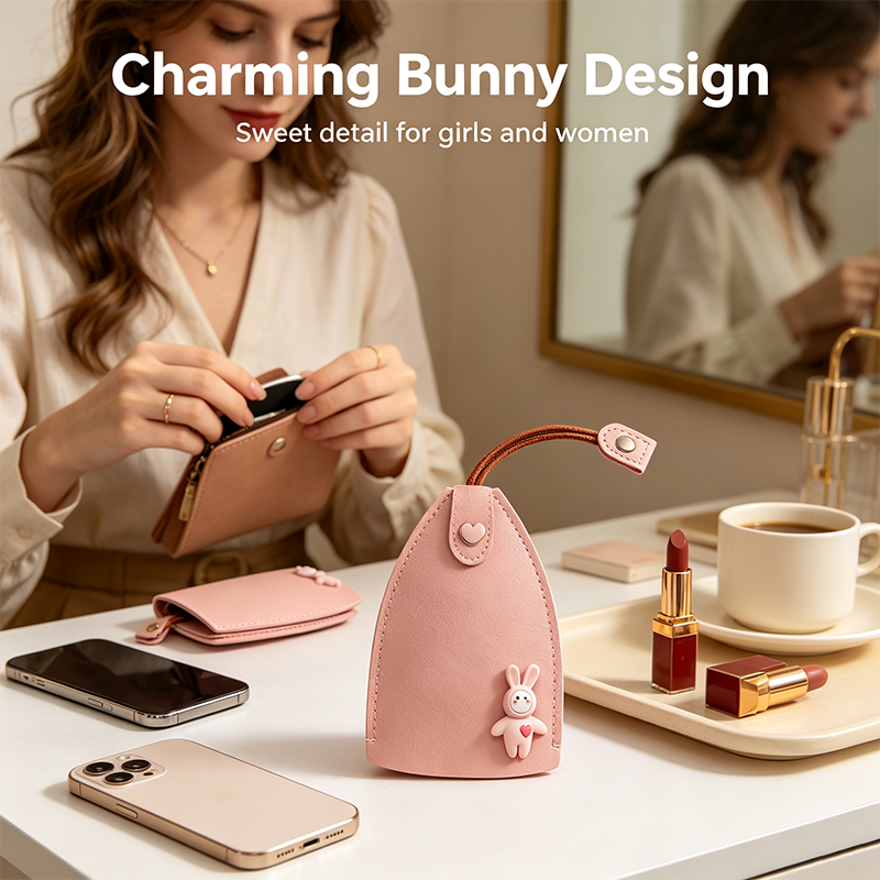 Pink bunny pull-out key case with cute cartoon design