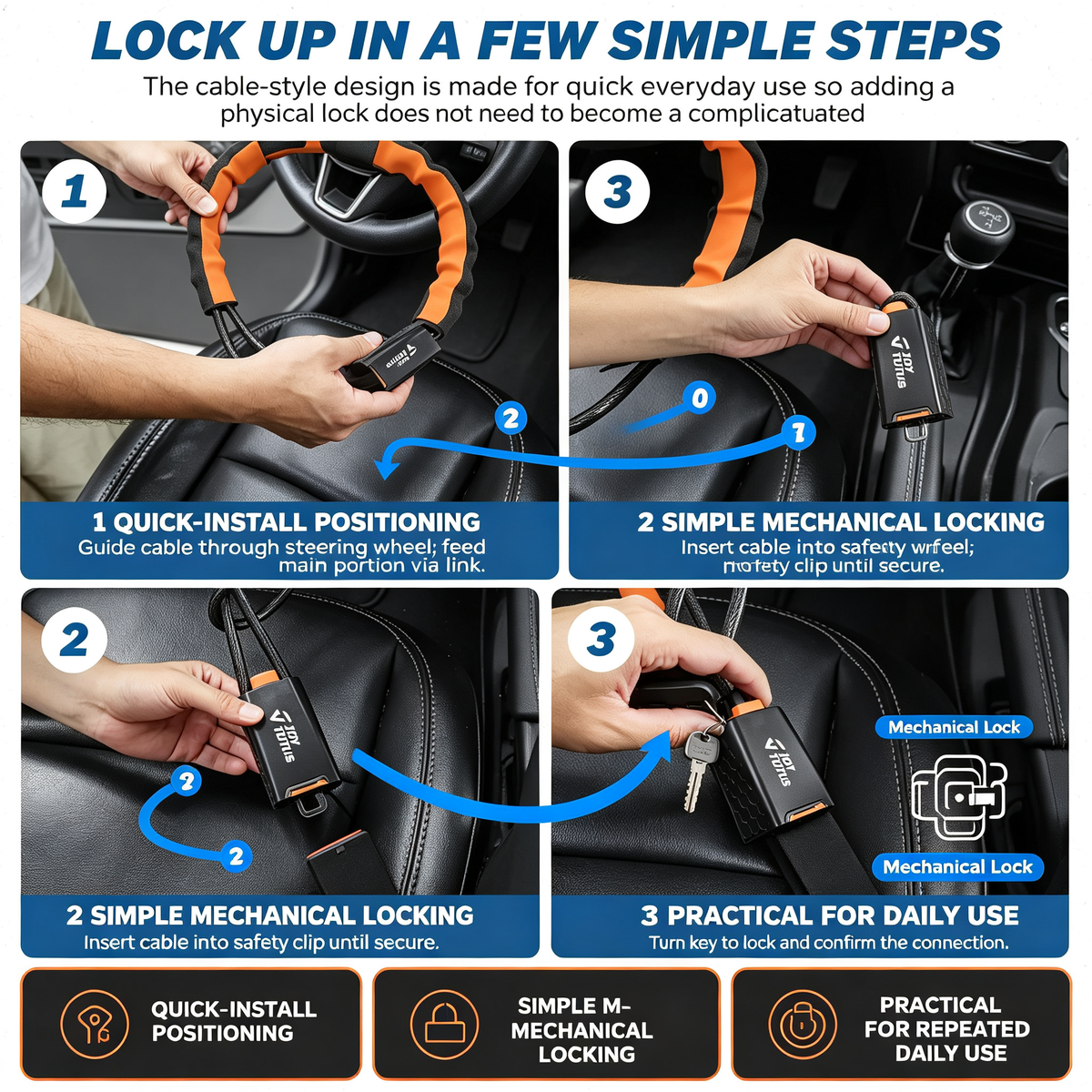 🔒Heavy-Duty Steering Wheel Anti-Theft Cable Lock
