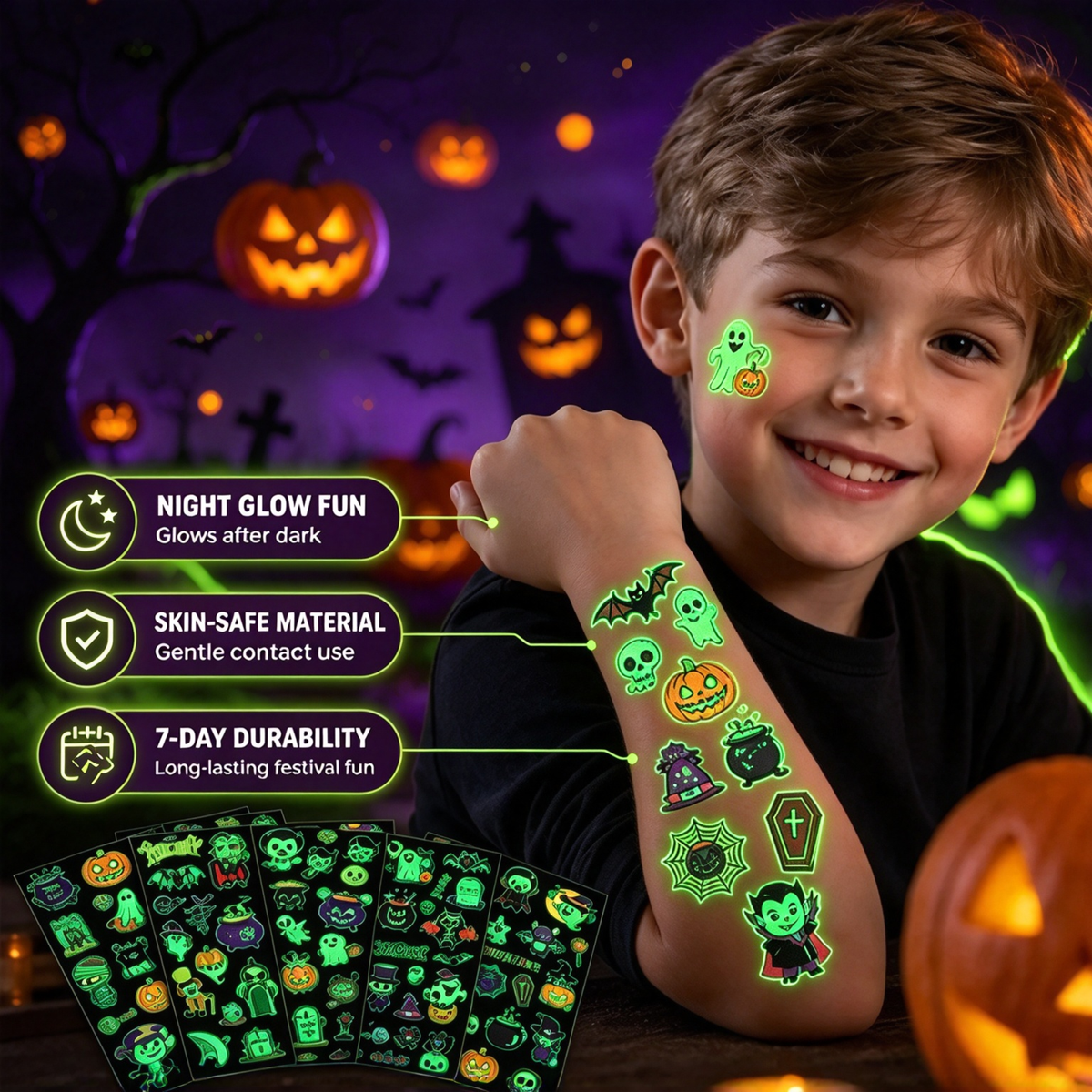 🎃Glow-in-the-dark Halloween temporary tattoo party set