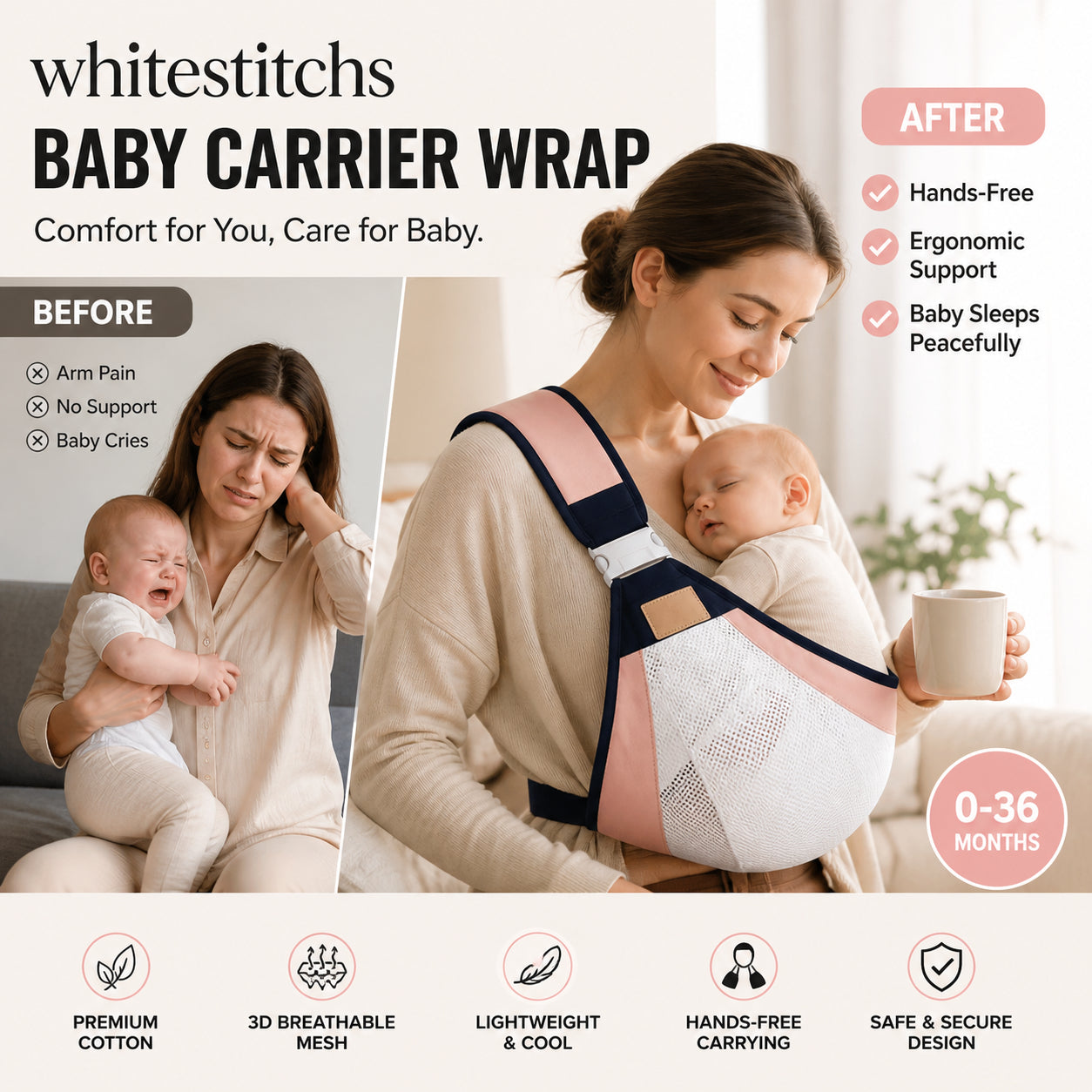 👶 4-in-1 Breathable Baby Carrier – 0-36 Months, Front/Back/Facing In/Out – Hands-Free