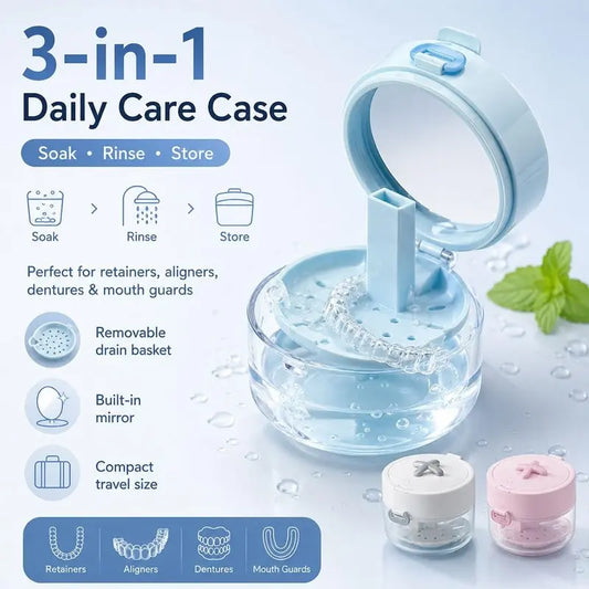 3-in-1 Oral Retainer Cleaner Case Box with Handle Toothbrush Holders