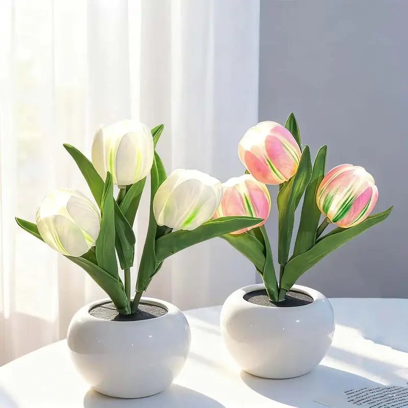 🌷LED Dimmable Plastic Tulip Artificial Flower Desk Lamp with Vase
