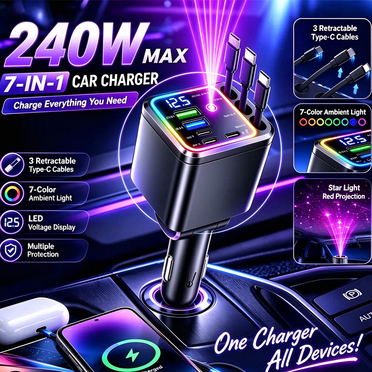 ⚡240W Compact Retractable Car Charger – 9-in-1 Fast Charging Station