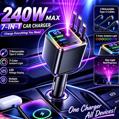 ⚡240W Compact Retractable Car Charger – 9-in-1 Fast Charging Station