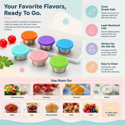Stainless steel salad dressing takeaway container with Leakproof Silicone Lids（6Pcs）