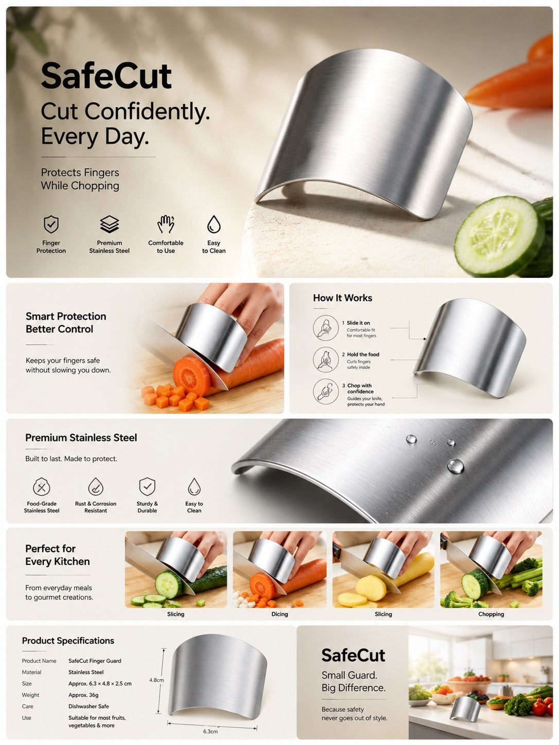 Safe‑Cut Stainless‑Steel Finger Guard, Avoid Cutting Fingers When Cooking