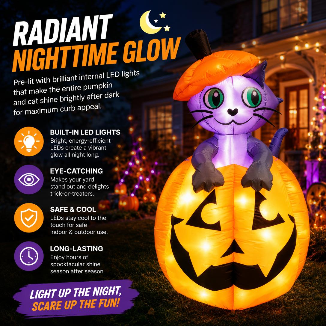 🎃Animated Halloween inflatable cat pumpkin with LED lights