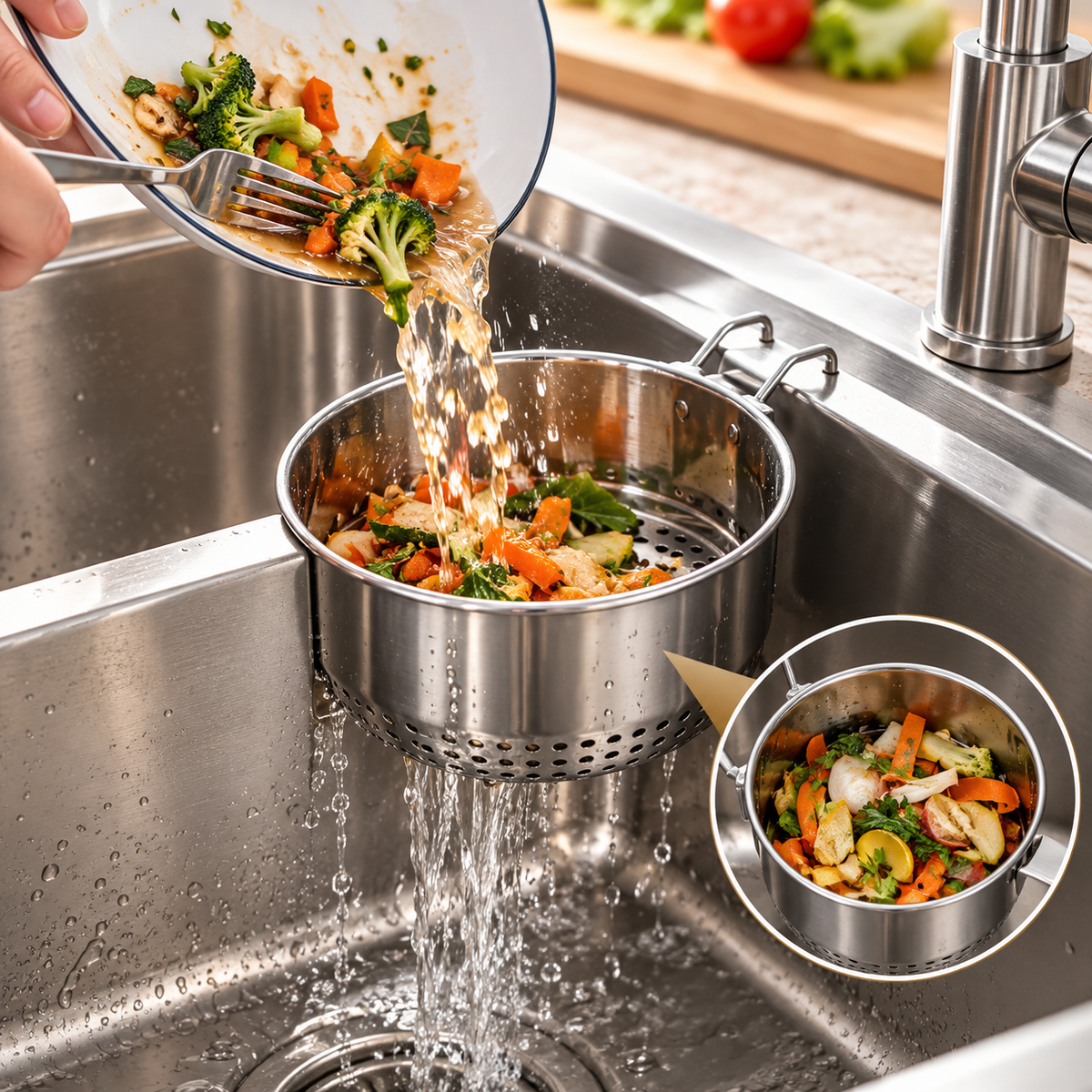 🛡️Stainless Steel Hanging Sink Strainer Basket – For Filtering Food Scraps and Washing Kitchen Fruits and Vegetables