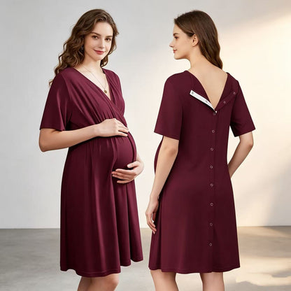 New V-neck Solid Color Maternity Nursing Short Sleeve Loose Breathable Dress