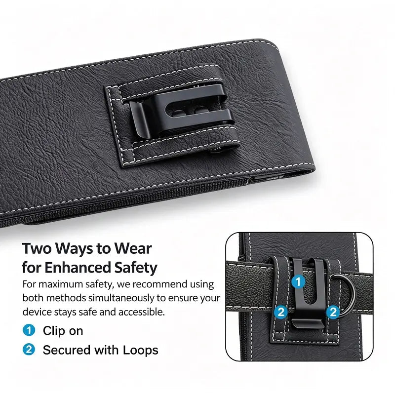 Phone pouch showing metal clip and belt loops for secure waist carrying