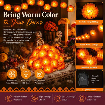 Marigold LED Memorial String Lights For Ofrendas & Remembrance