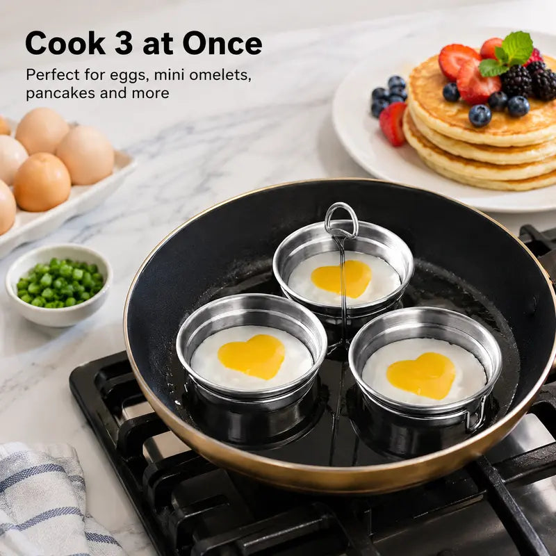 Stainless Steel Egg Poacher, 3 Cavity Steaming Egg Mold with Handle