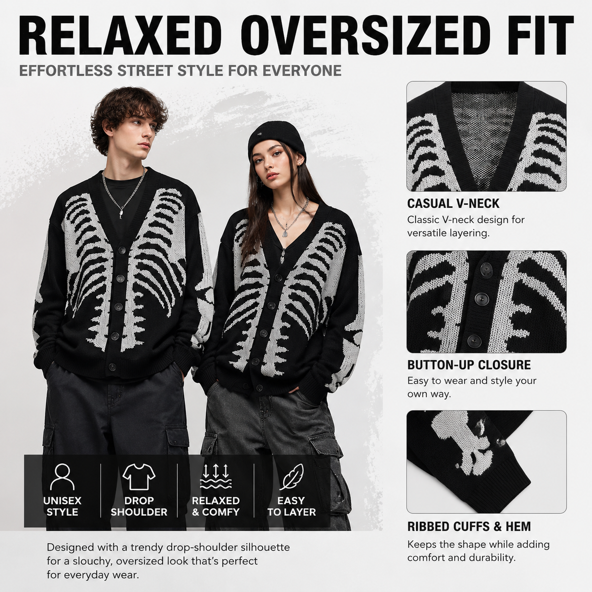 🧥Skull Print Button-Up Sweater