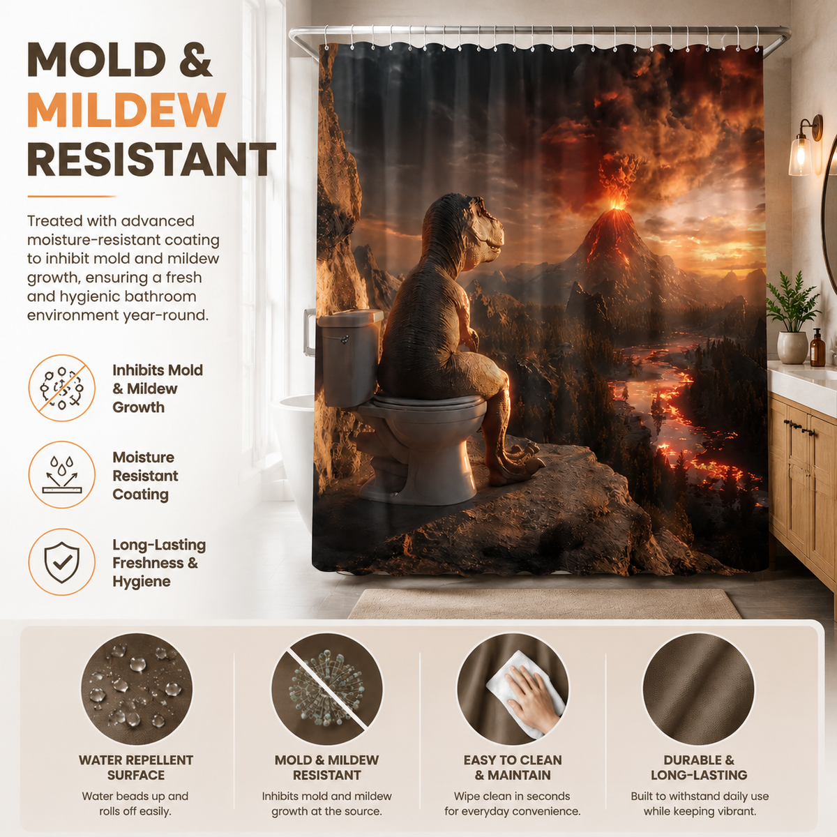 🌋Dinosaur Volcano Waterproof Fabric Shower Curtain