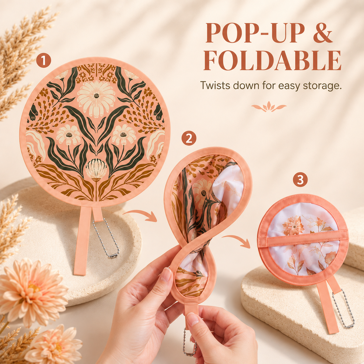 🌸4 Pack Boho Floral Folding Hand Held Round Fan