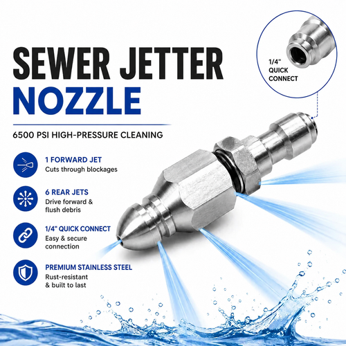 🔥6500 PSI Stainless Steel Sewer Jetter Nozzle – 1/4" Quick Connect Drain Cleaning Attachment for Pressure Washers